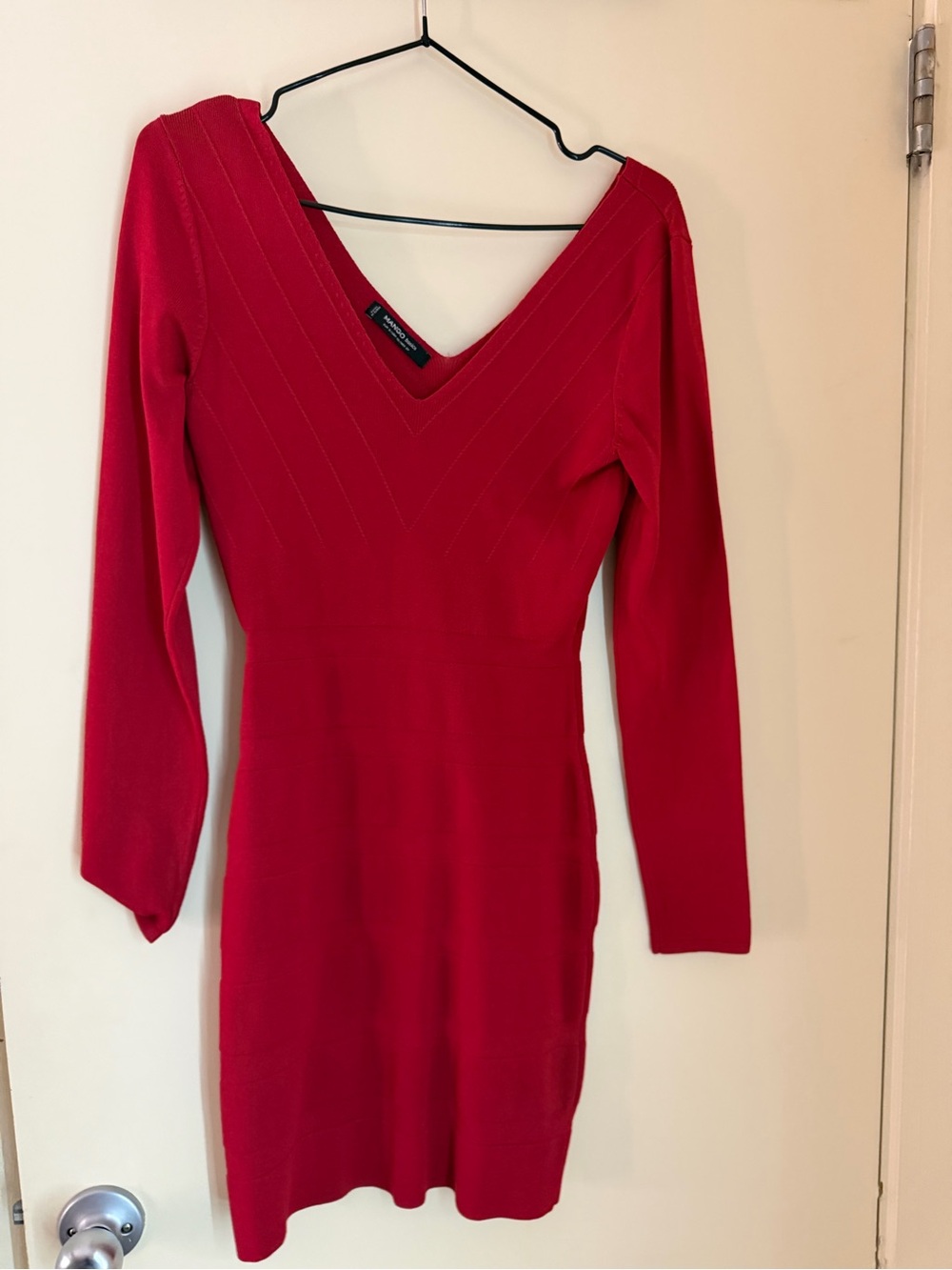 Mango Red V-Neck Long Sleeve Knit Dress
